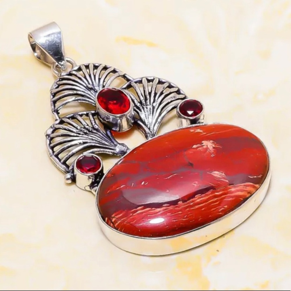 Red Snakeskin, Garnet Gemstone 925 Sterling Silver Handmade Pendant 2.96"